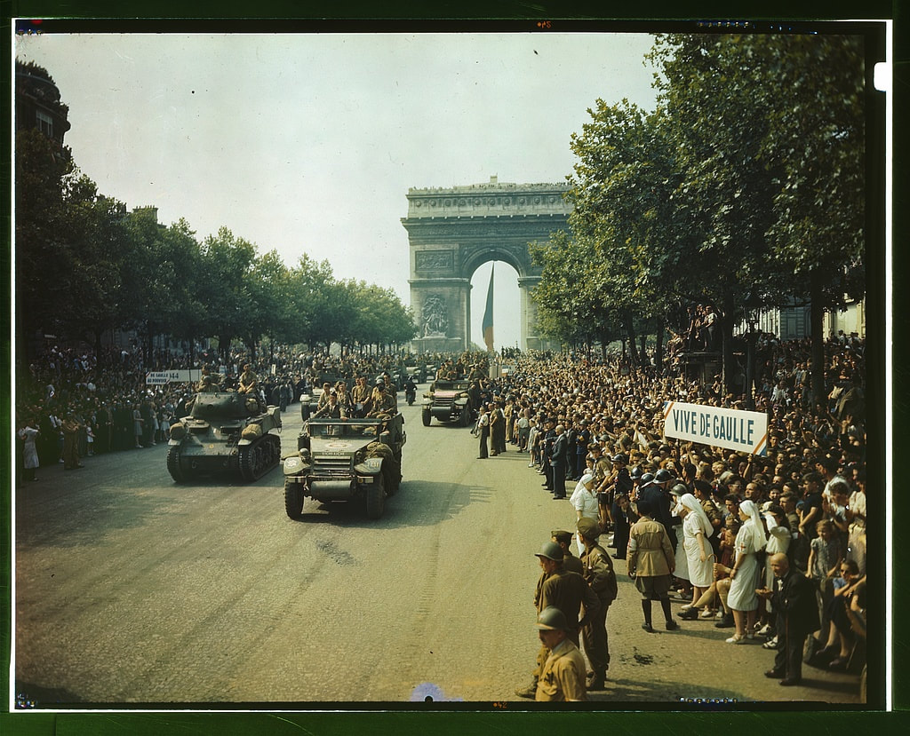 1944 Free French troops parade down the Champs-Elysees (the American parade was several days later). Picture from the Library of Congress.