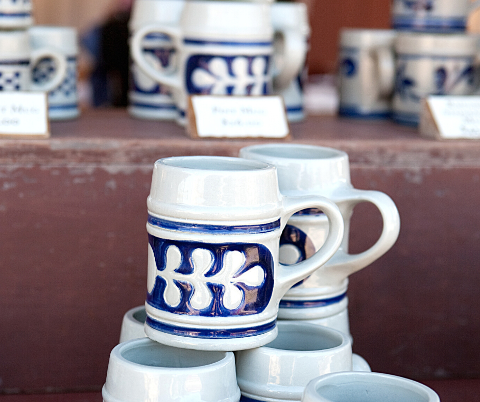 Ceramic mugs in Colonial Williamsburg. Christmas in Colonial Williamsburg.