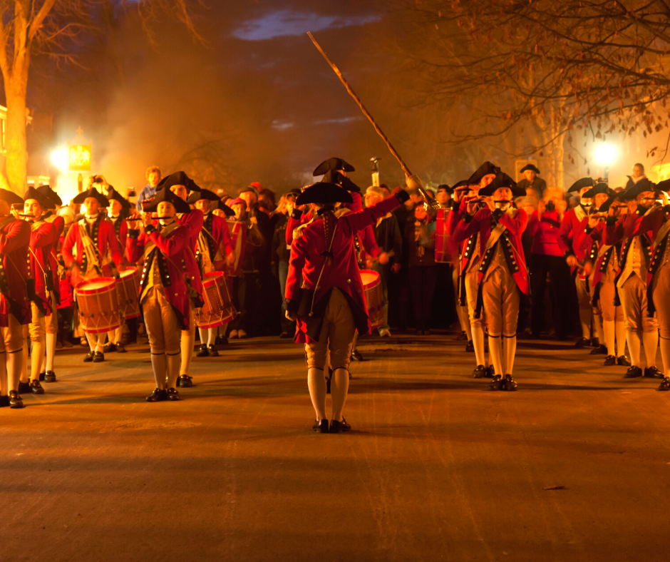 Fife and Drum Corps in Colonial Williamsburg at Night. Christmas in Williamsburg