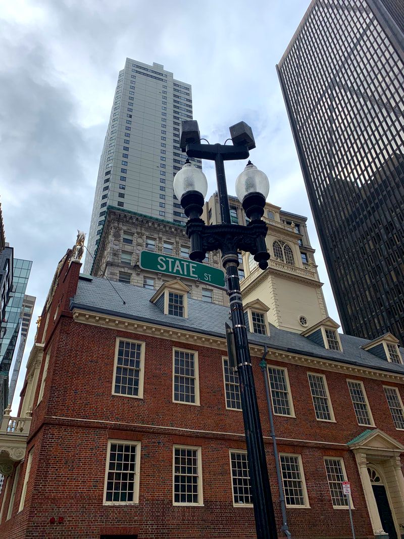 Boston's Old State House, surrounded by new buildings. The Freedom Trail.