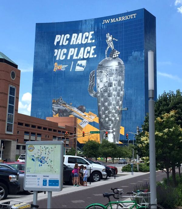 Borg-Warner Trophy being put up on the JW Marriott, Downtown Indy, from the Cultural Trail